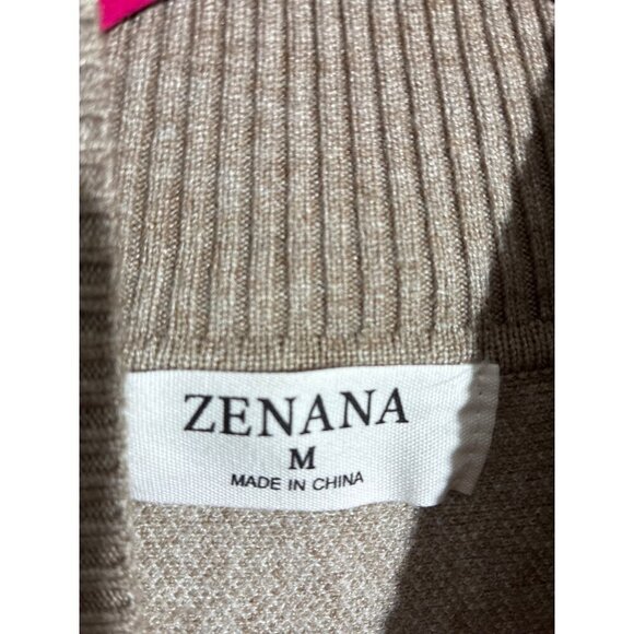 Zenana Sweater Womens Medium Beige & White Striped Knit Top With Ribbed Mock Nec - Picture 2 of 10